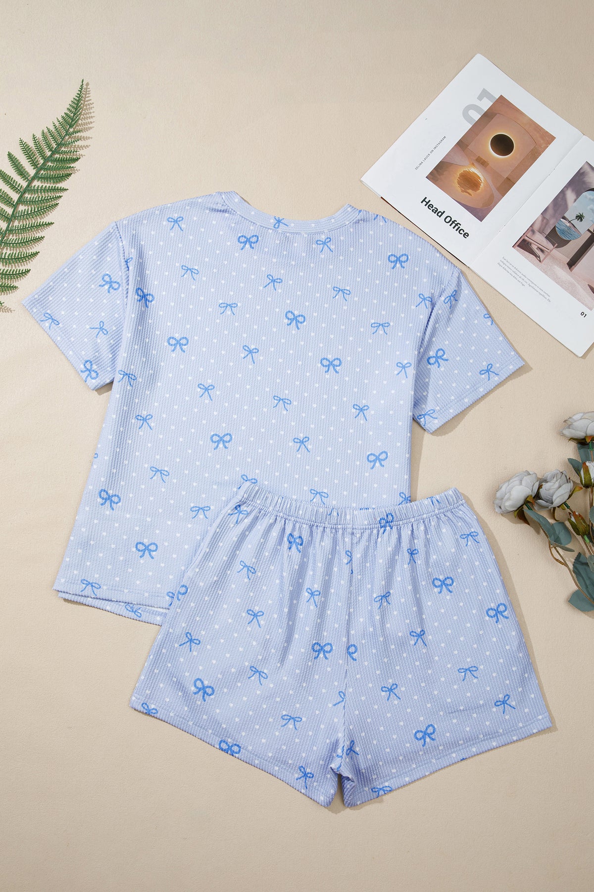 Women's Sky Blue Tiny Heart Bow Print Twisted Rib Two-Piece Shorts Two-Piece Set