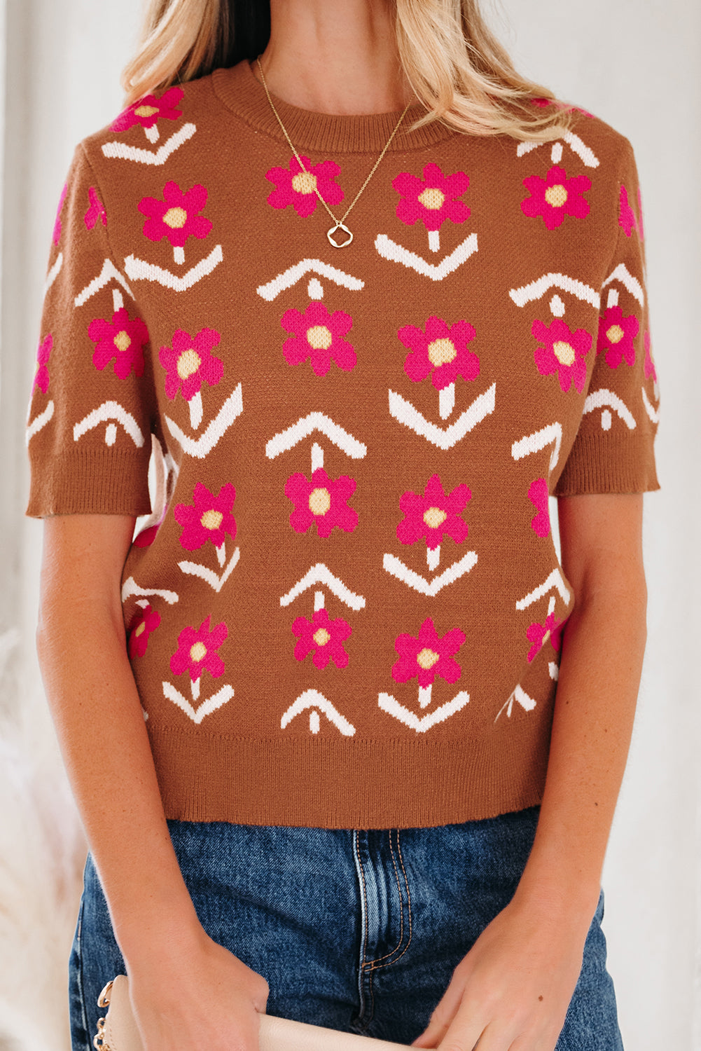Brown Floral Short Puff Sleeve Sweater