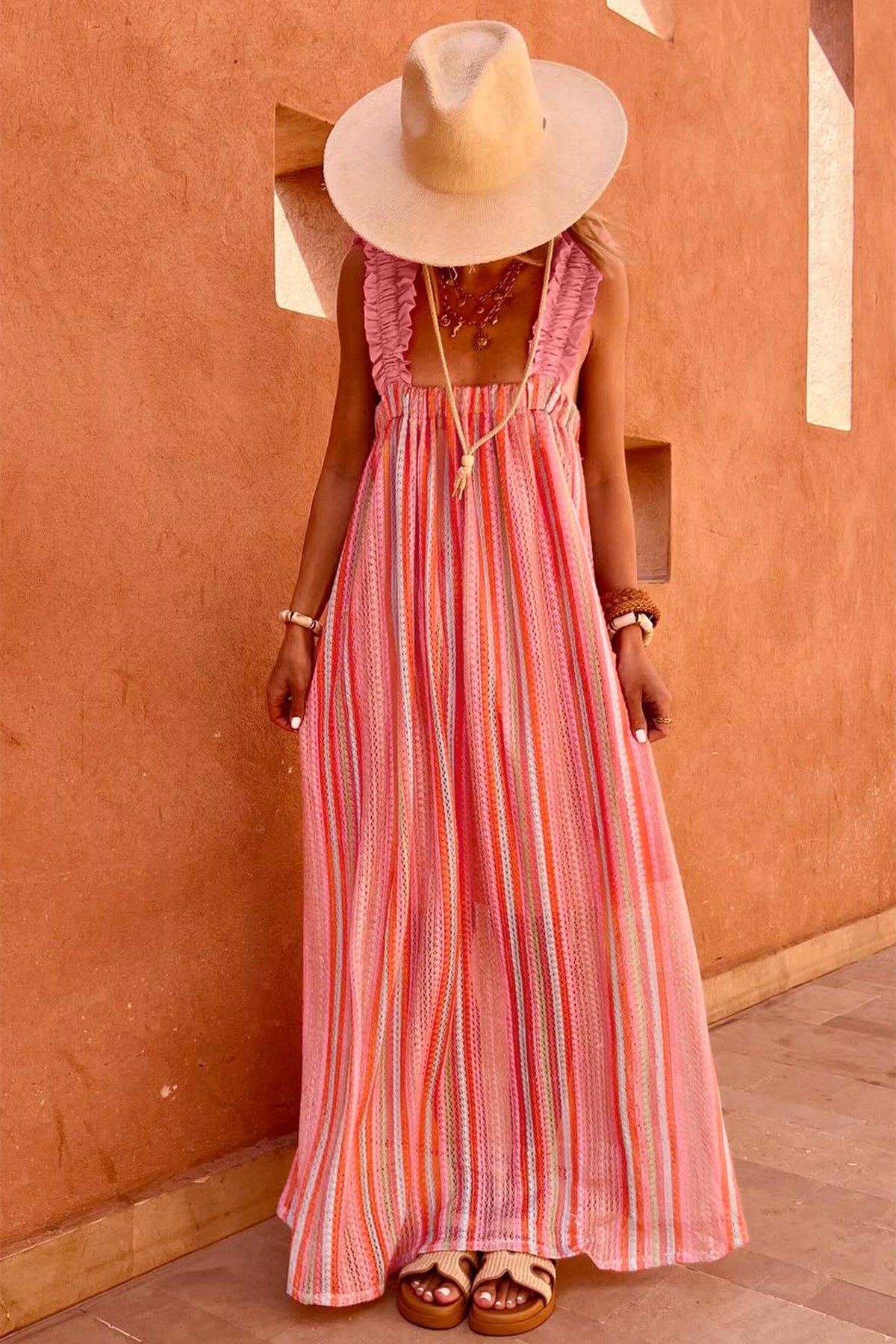 Pink Stripe Ruffle Bow Maxi Dress