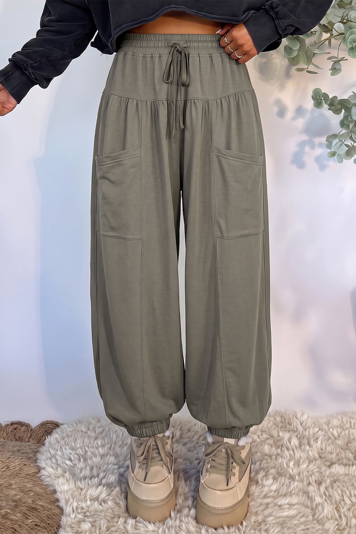 Dirty blue Elastic Waist Drawstring Wide Leg Full-Length Pants