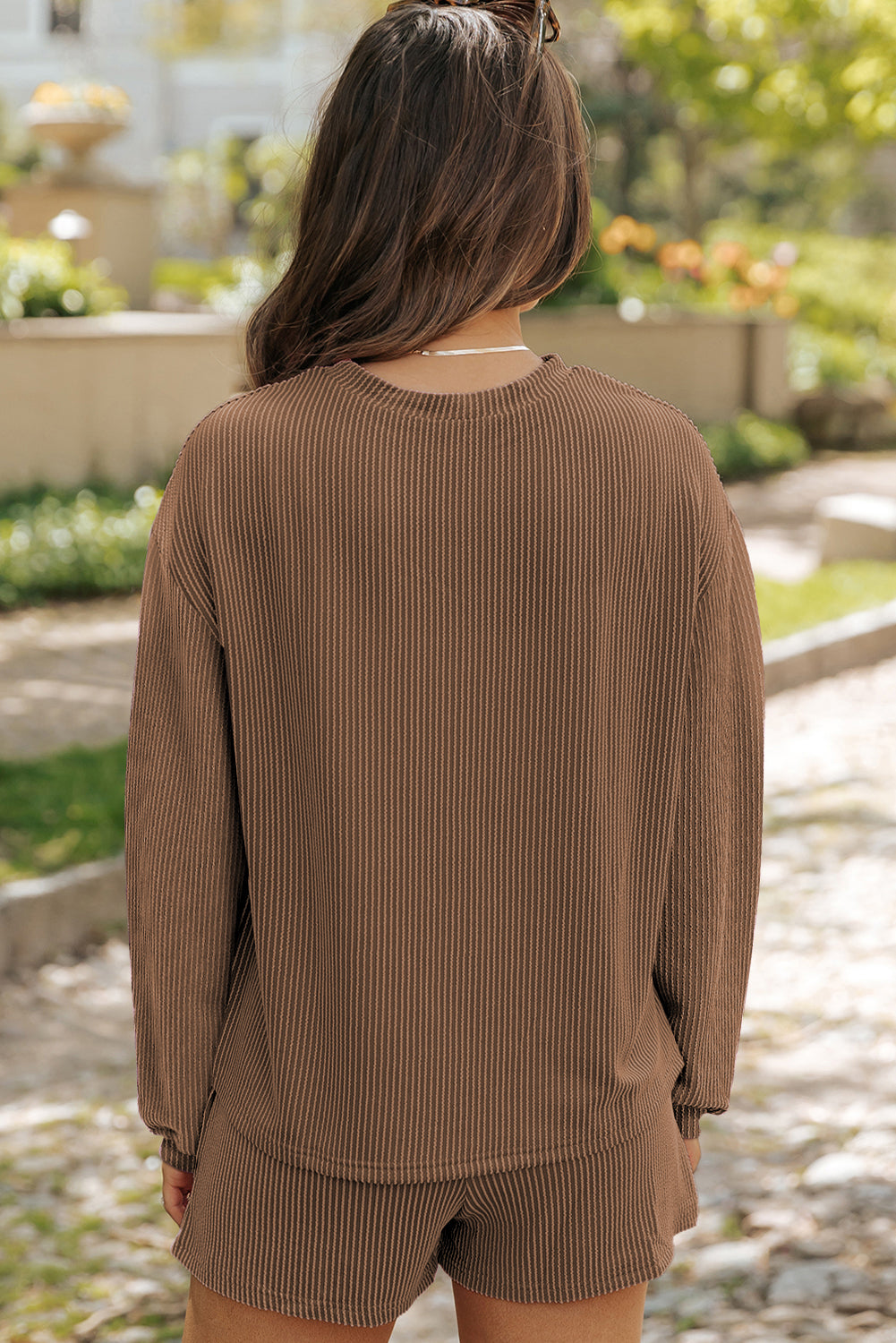 Women's Corded Knit Long-Sleeve Top & High-Waist Shorts Set