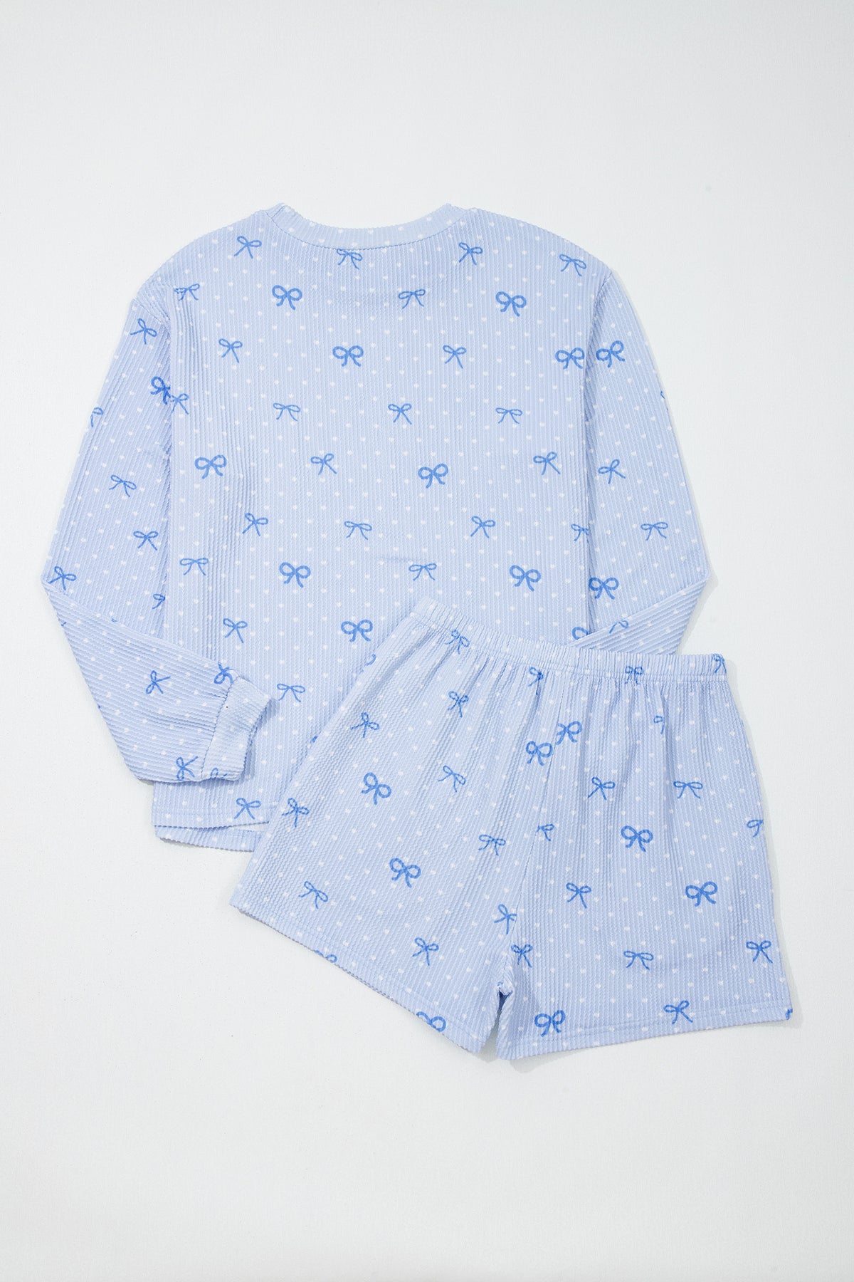Women's Sky Blue Valentines Bow Print Twisted Rib Loose Long-Sleeve Top Two-Piece Shorts Set