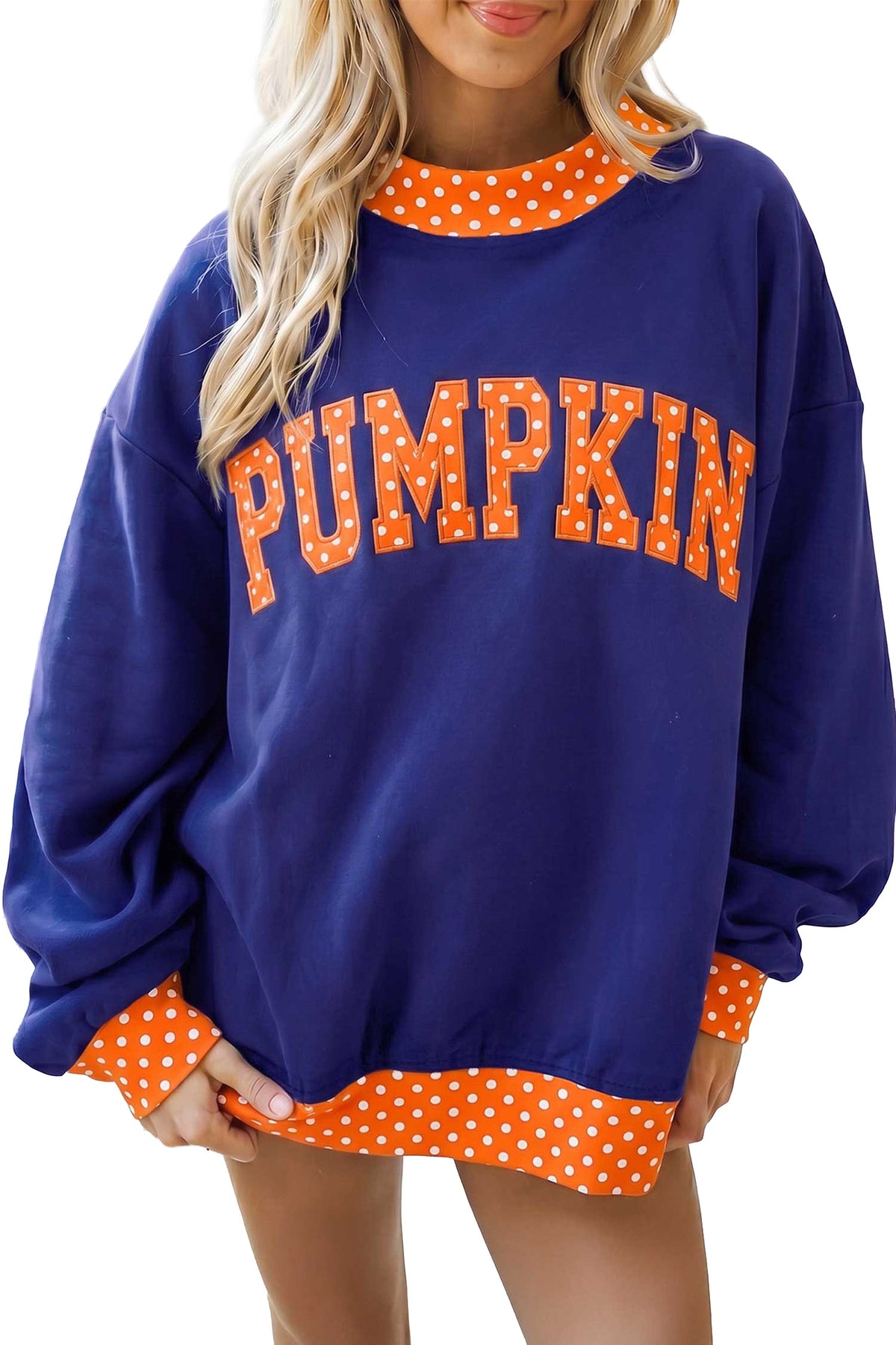 Dirty blue Polka Dot Letter Print Mock Neck Sweatshirt