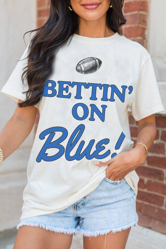White Rugby Football BETTIN ON Blue Graphic Crewneck T-Shirt