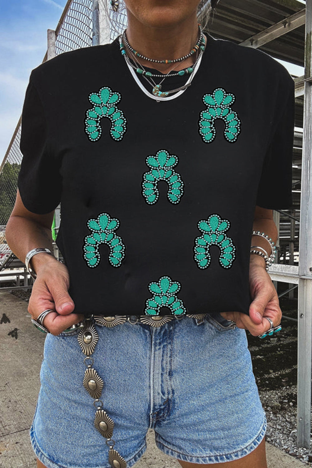 Black Western Turquoise Pattern Sequin Patched T-Shirt