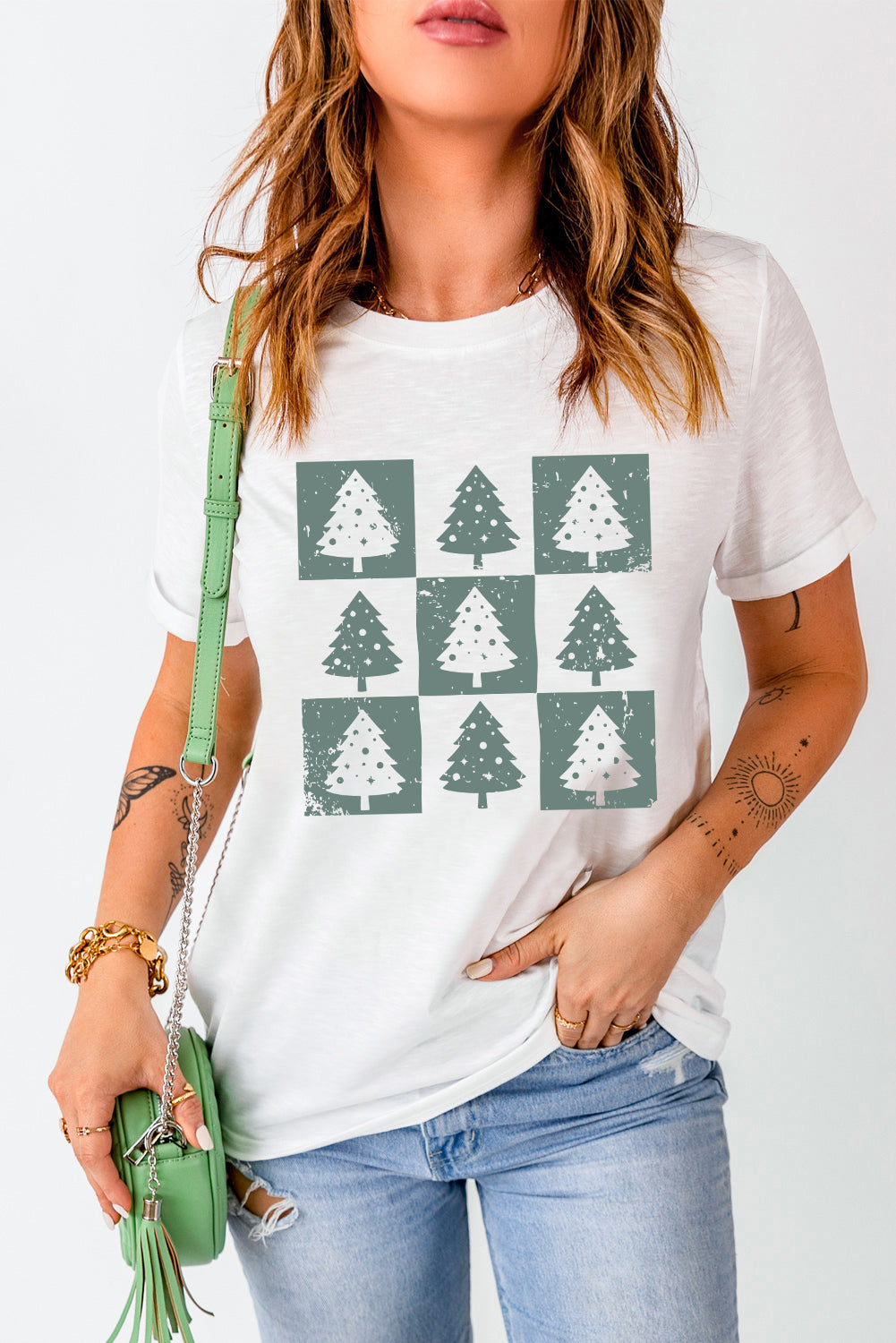 White Christmas Tree Checkered Distressed Graphic Oversize Tee