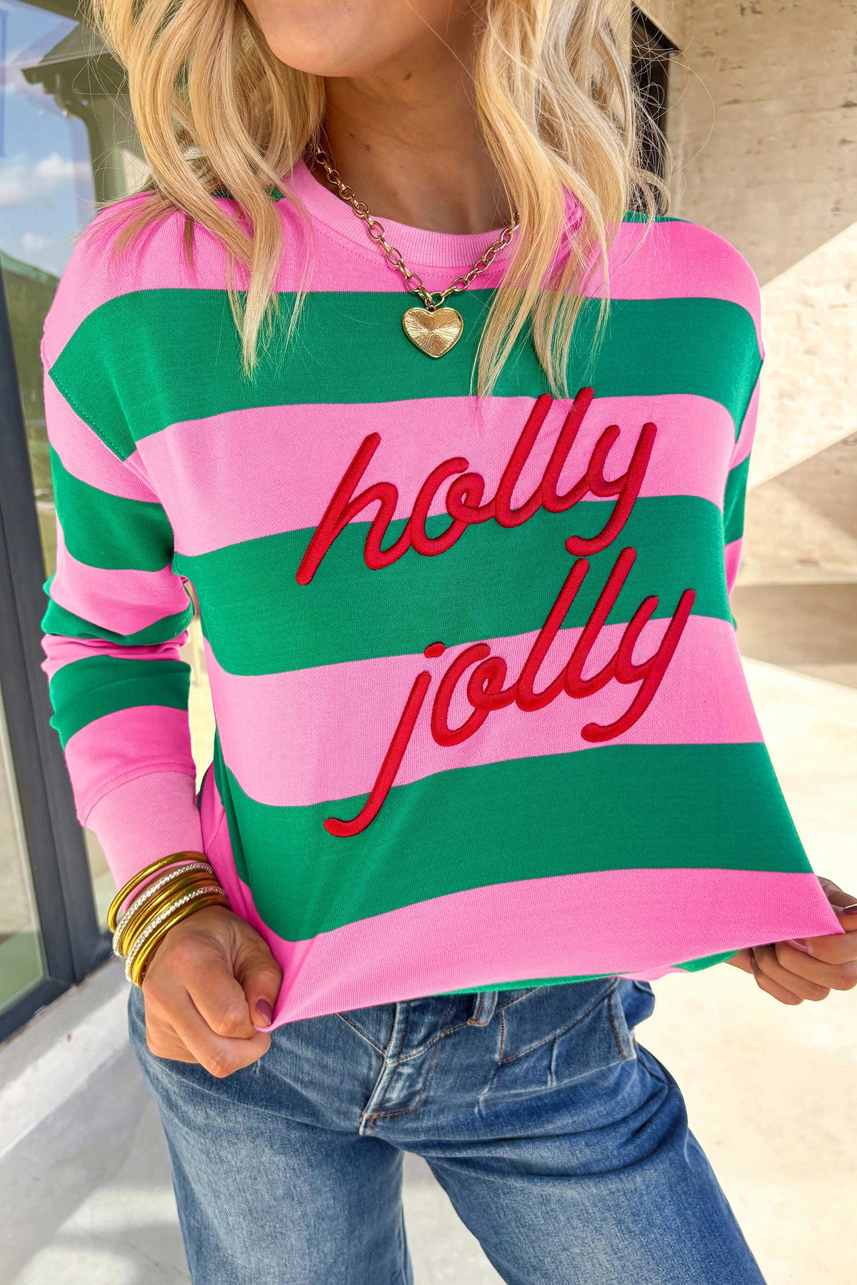 Green Stripe holly jolly Letter Embroidered Sweatshirt