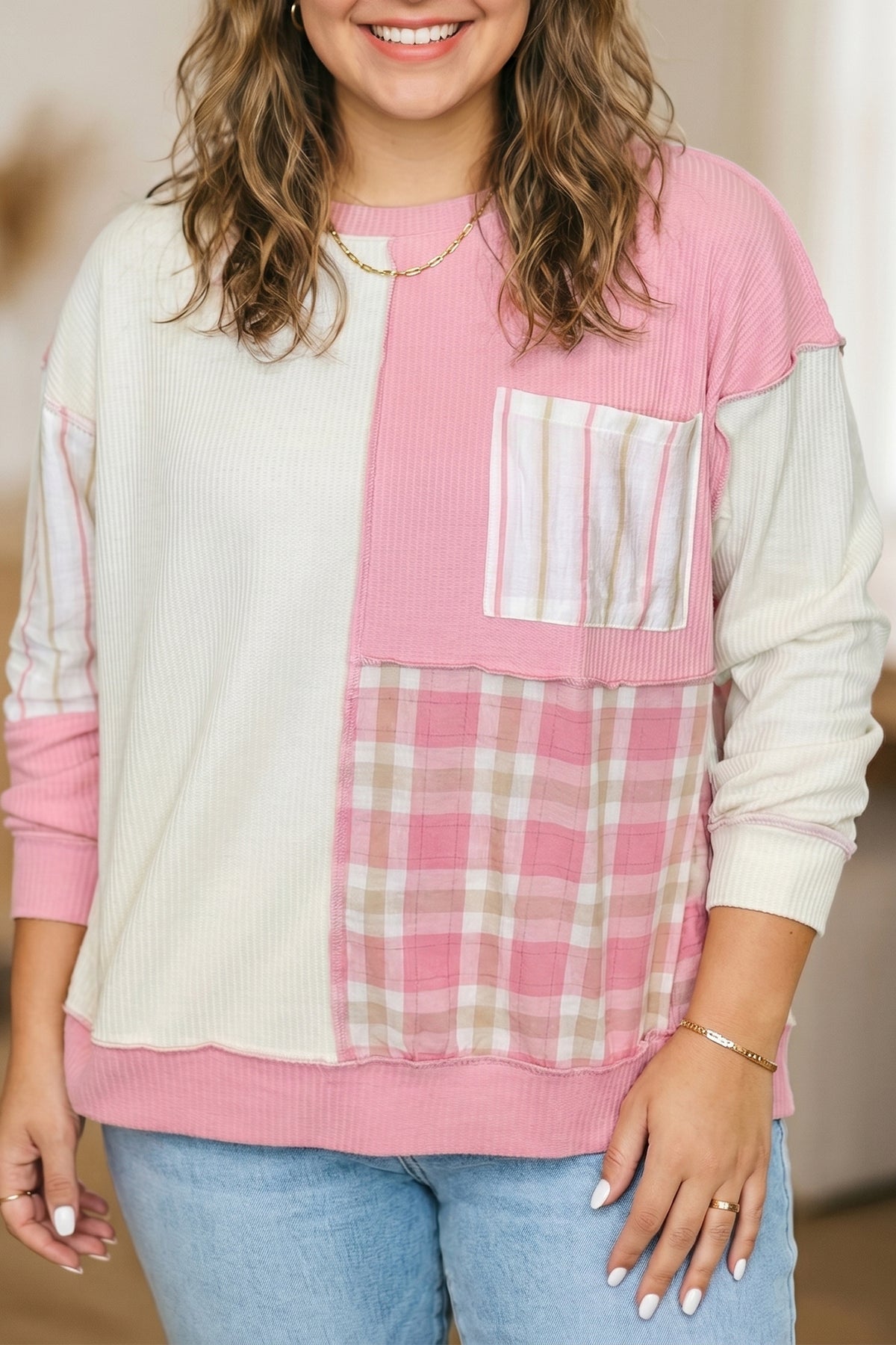 Pink Color-Block Plaid Panel Long-Sleeve Plus Size Blouse