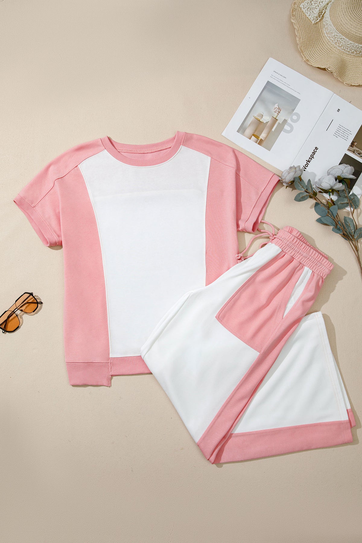 Women's White Two-tone Color Block Patchwork Tee Pants Two-Piece Set