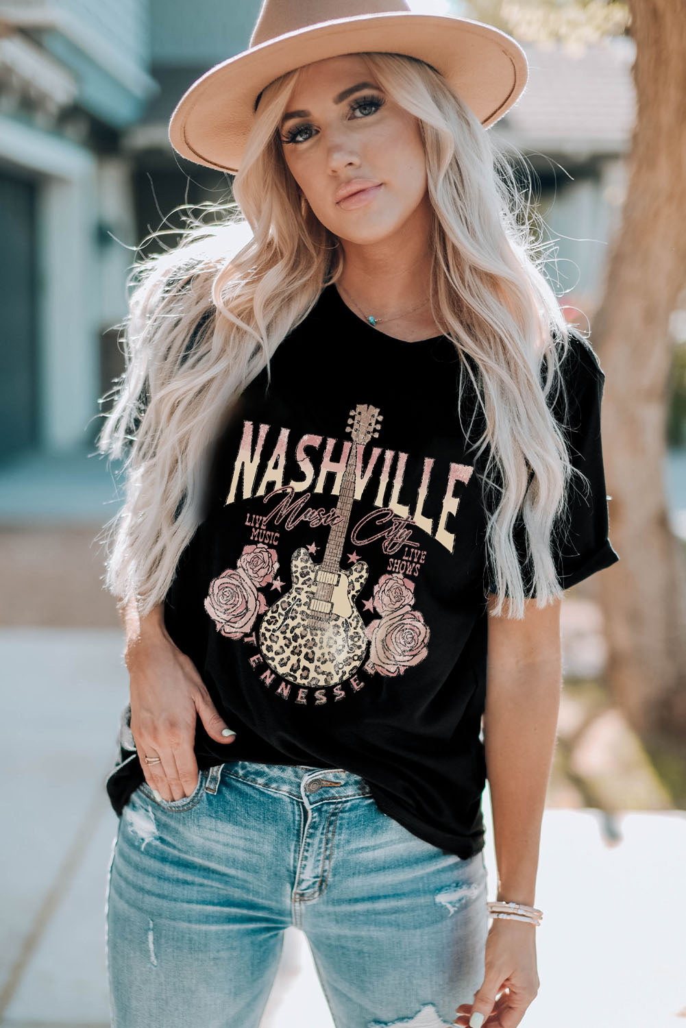 Black Nashville Music City Leopard Guitar Graphic T-Shirt