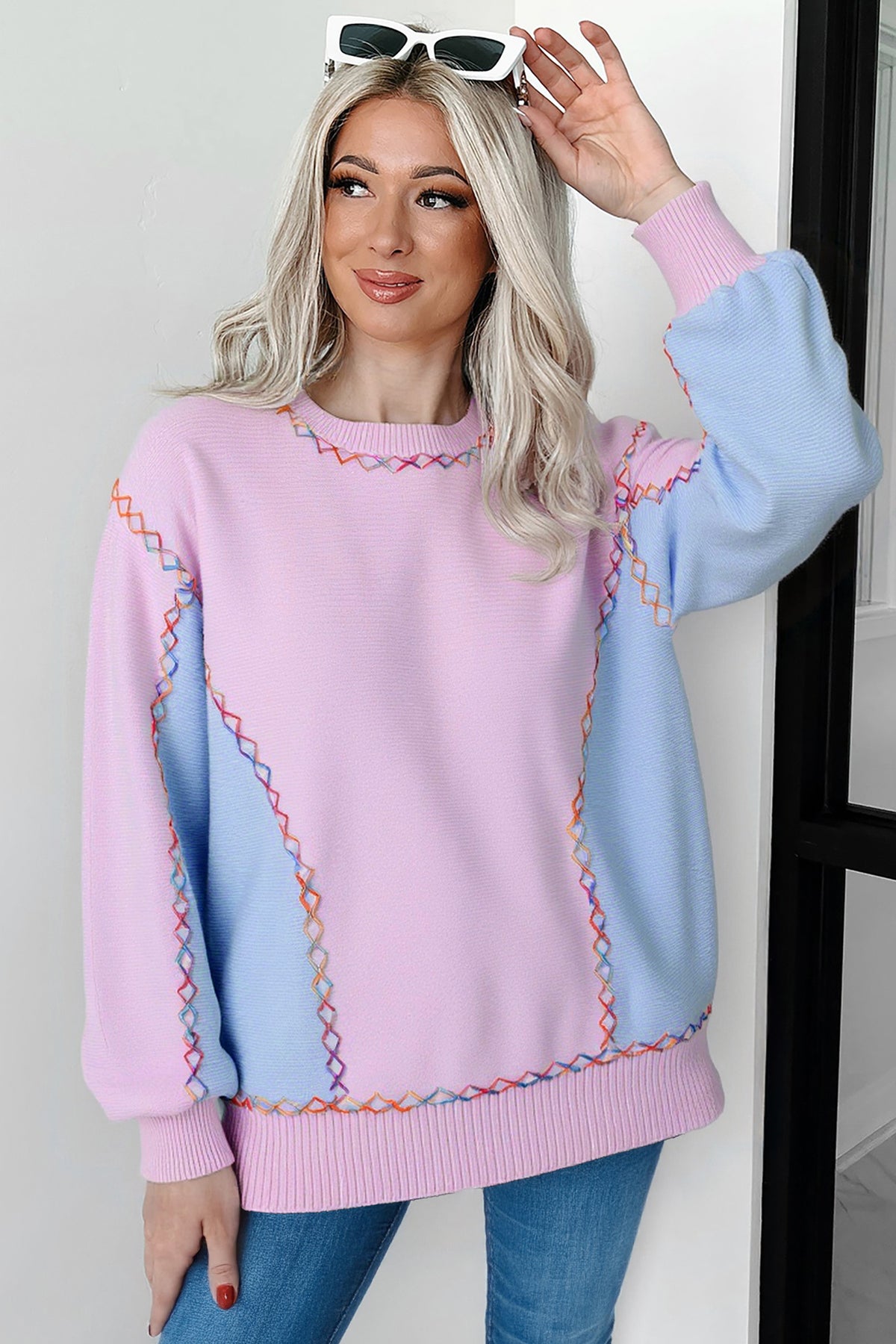 White Rainbow Stitching Balloon Sleeve Relaxed Sweater