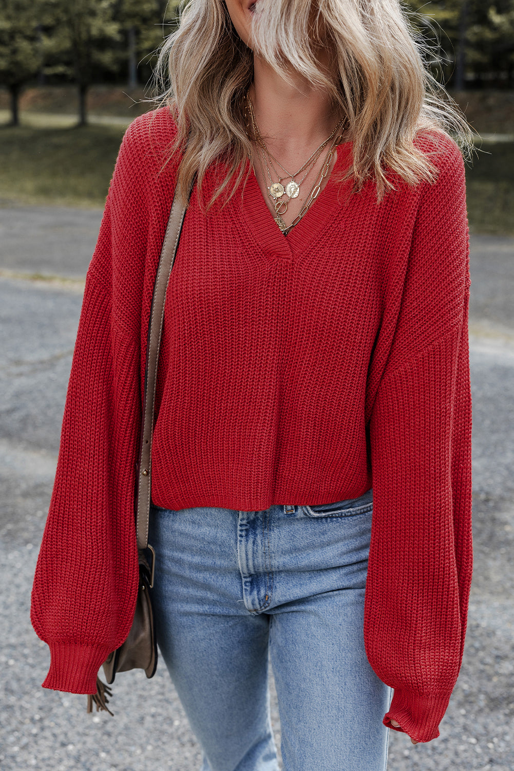 Racing Red Solid Textured Knit V Neck Drop Shoulder Sweater