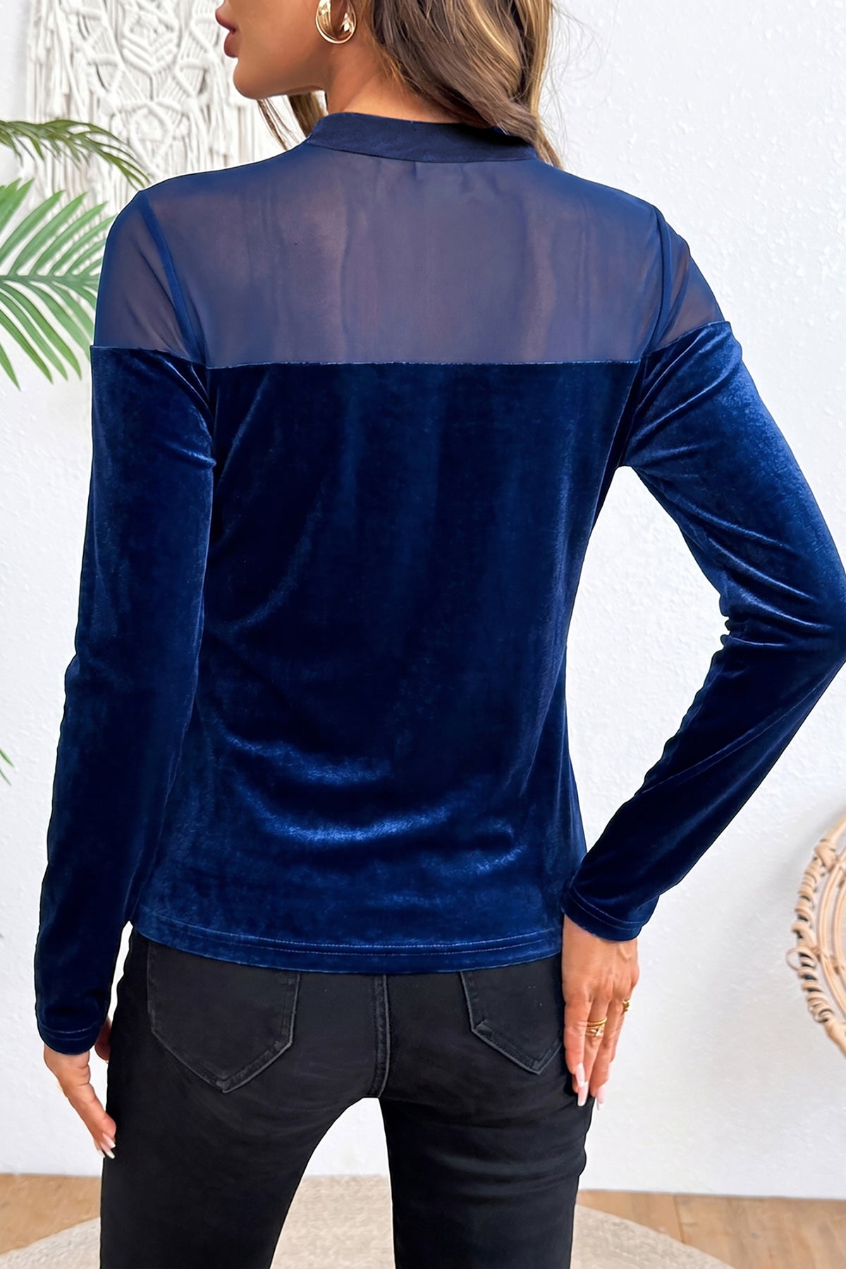 Black Velvet Sheer Neck Patchwork Pullover Top