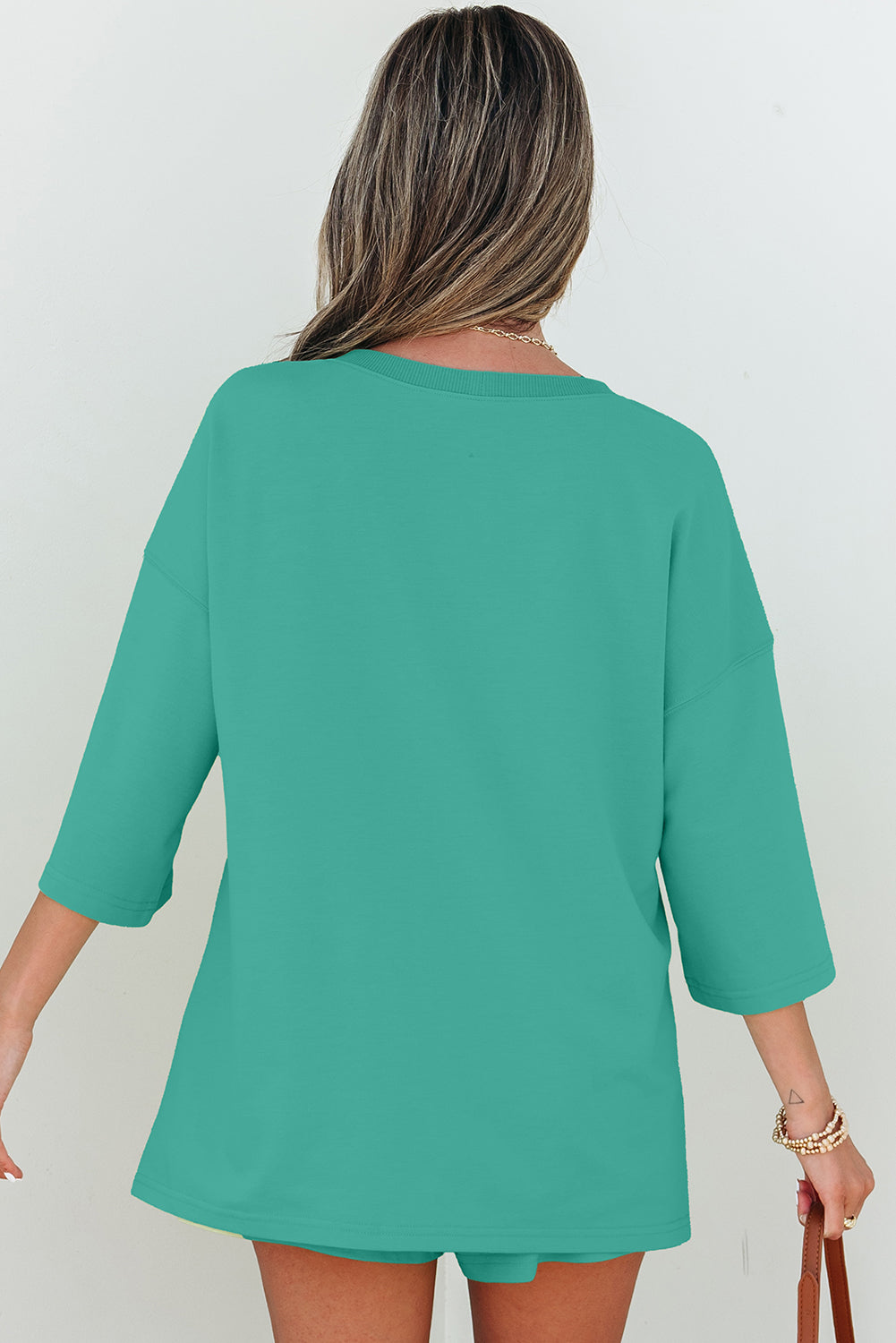 Women's Meadow Mist Green Solid V-Neck Half Sleeve Tee and Shorts Set