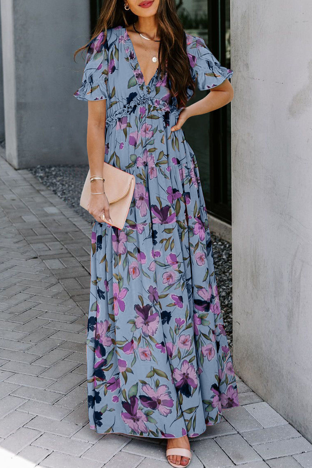Sky Blue Fiery Floral Print V Neck Short Sleeve Maxi Dress
