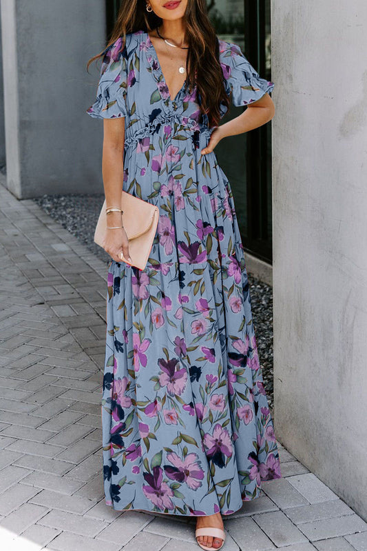 Sky Blue Fiery Floral Print V Neck Short Sleeve Maxi Dress