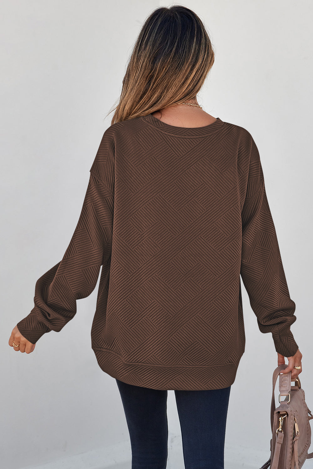 White Solid Color Textured Round Neck Sweatshirt