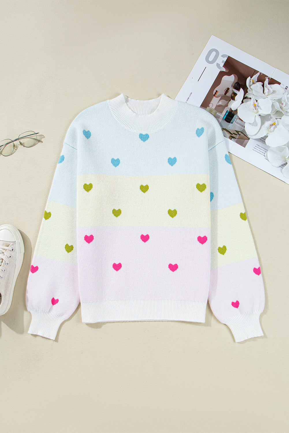Multicolour Heart Pattern Colorblock Knit High Neck Baggy Sweater