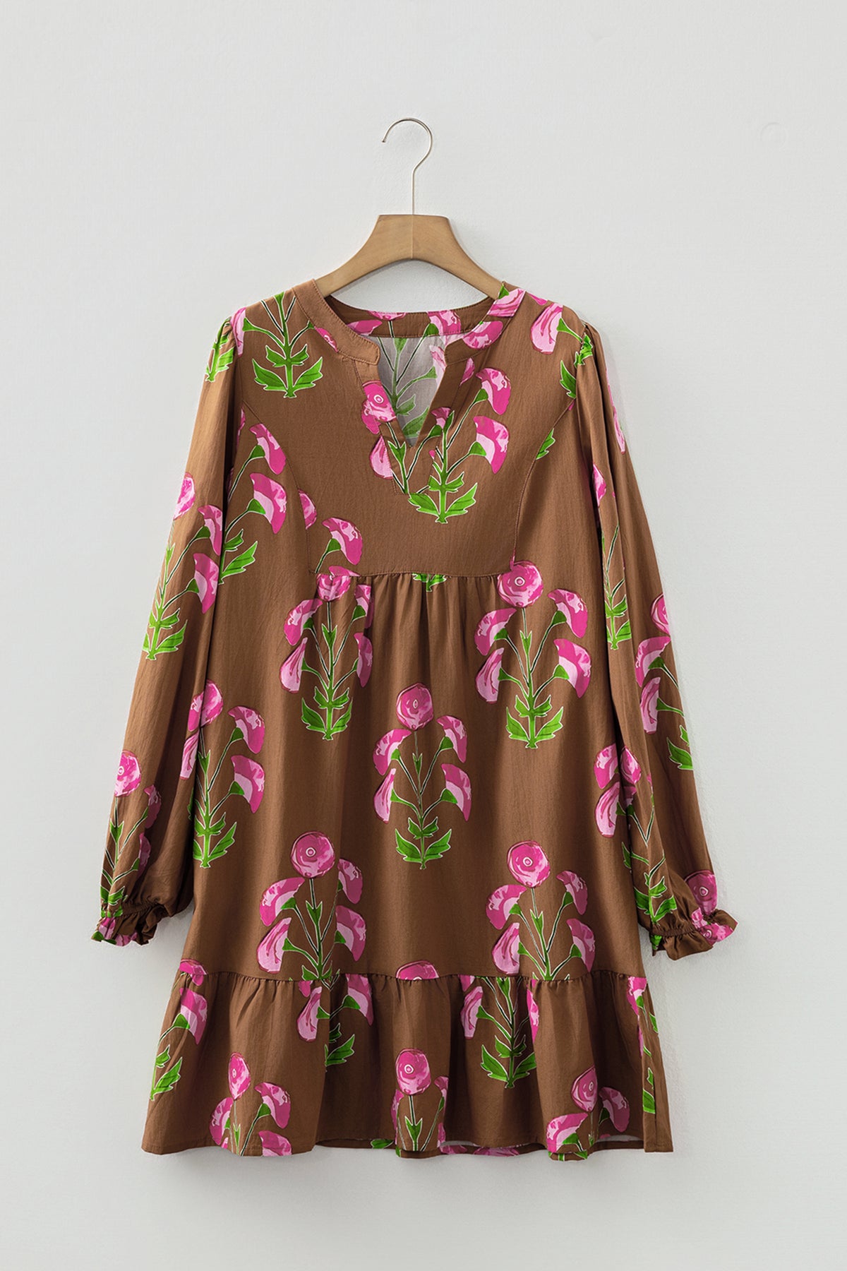 Brown Floral Print Babydoll Tunic Ruffled Hem Puff Sleeve Dress
