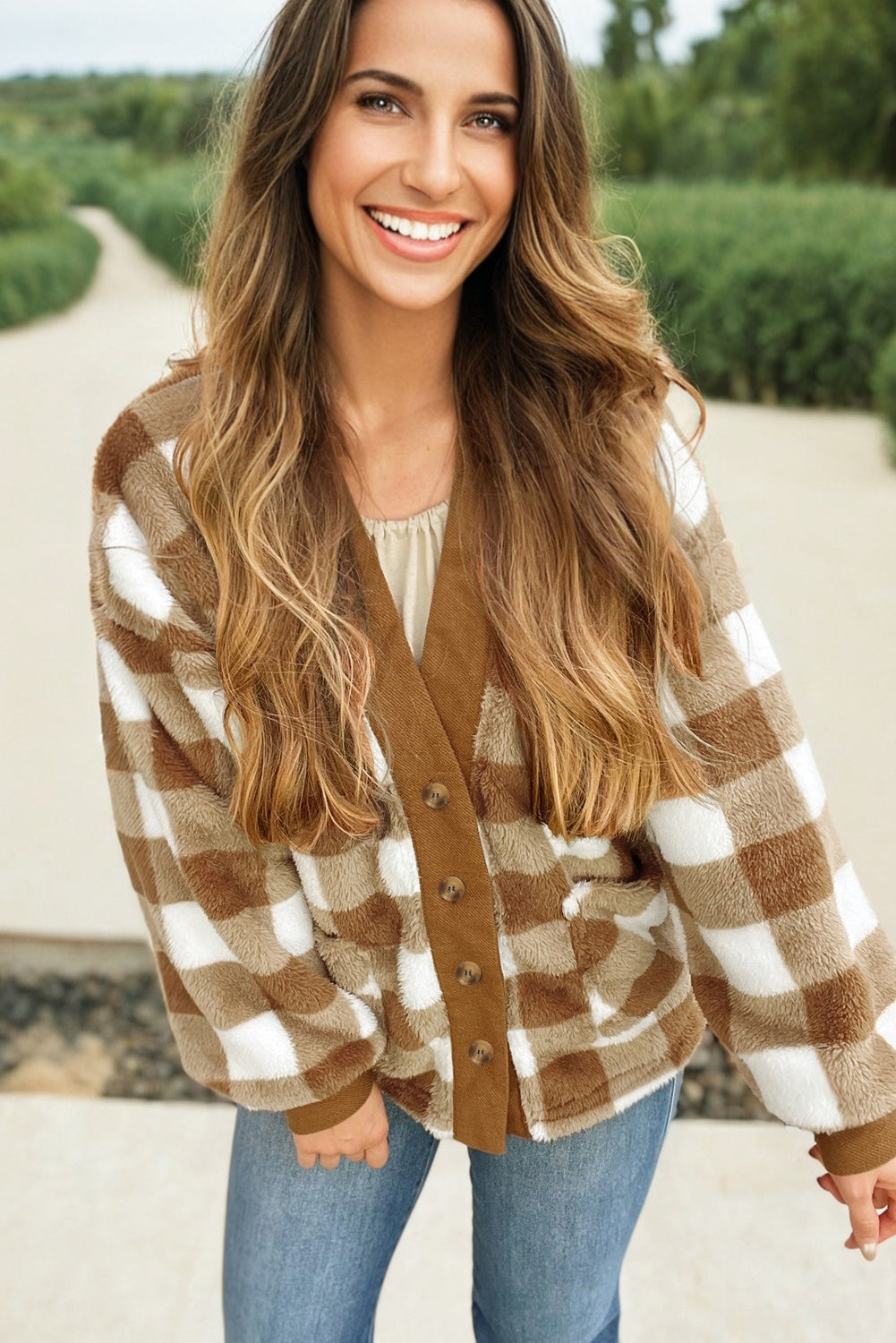 Brown Checkered Sherpa Loose Knit Cardigan with Pockets