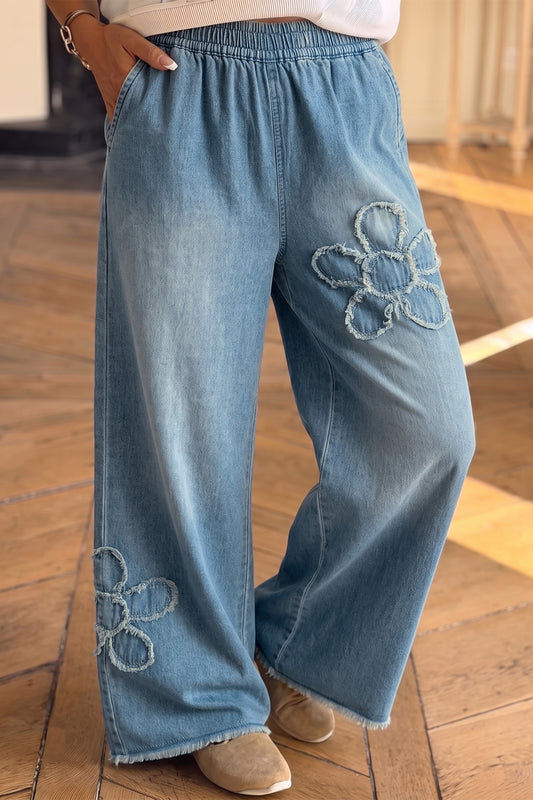 Beau Blue Frayed Floral Patch Wide Leg Raw Hem Jeans