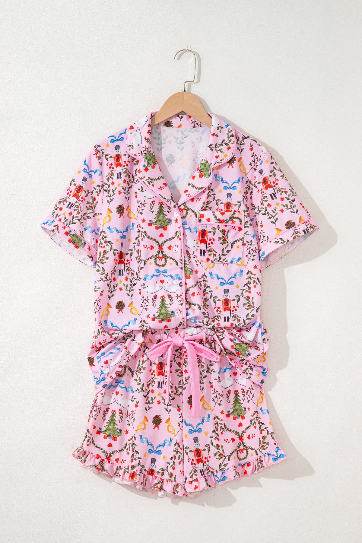 Pink Nutcracker Doll Christmas Print Tie Waist Short Pajama Set