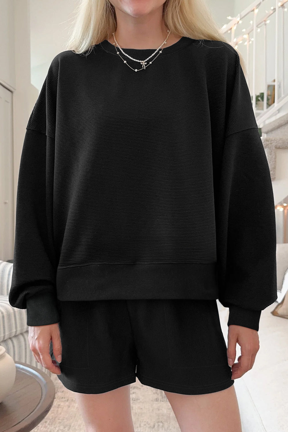 Women's Black Ribbed Texture Baggy Drop Shoulder Pullover and Shorts Set