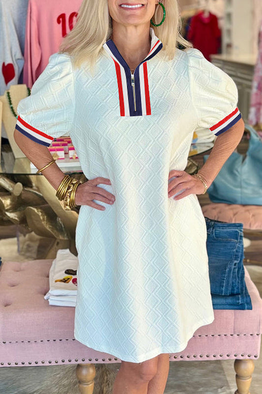 White Jacquard Colorblock Edge Puff Sleeve Quarter Zip Mini Dress