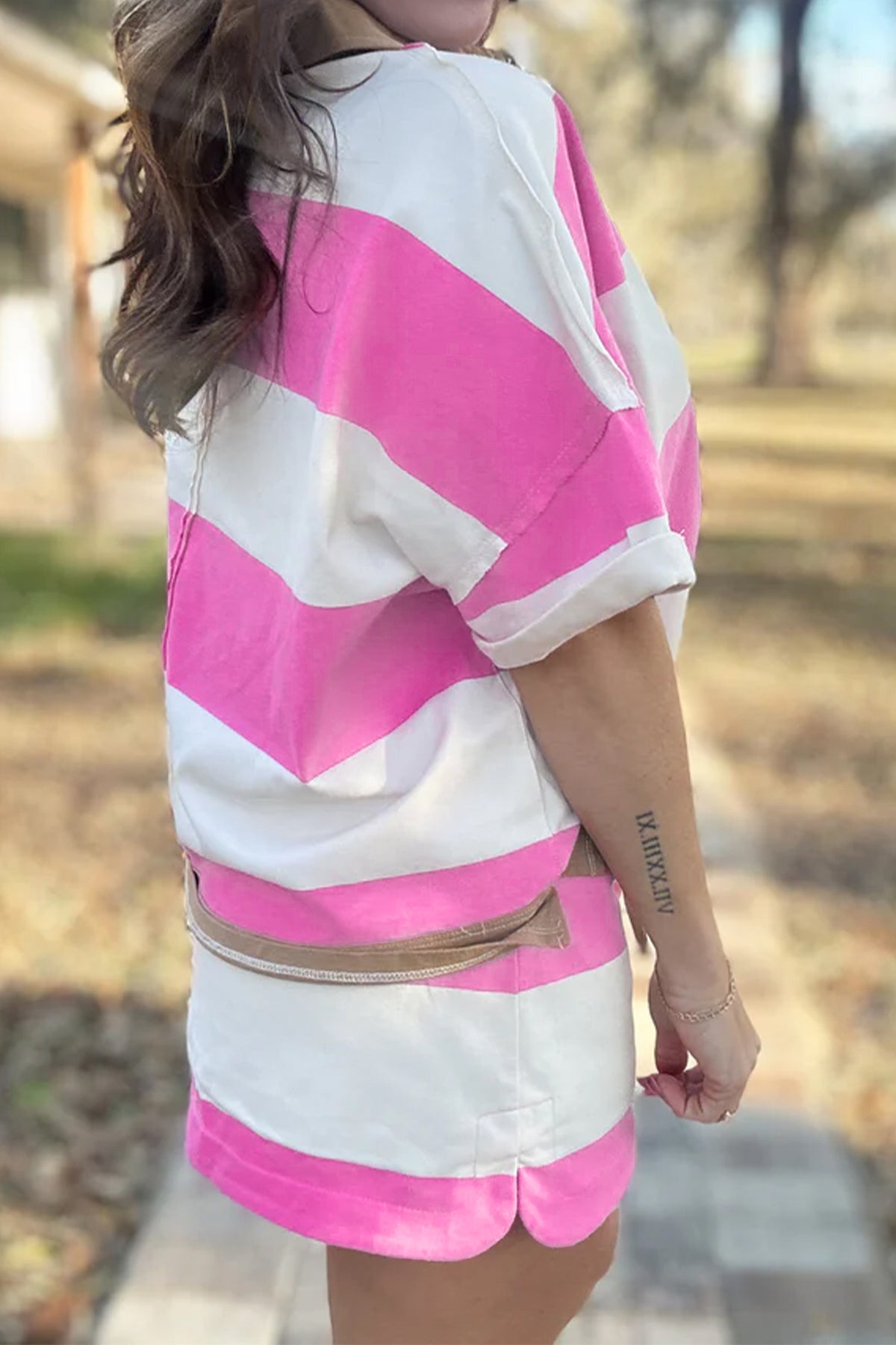 Women's Rose Stripe Colorblock Trim Polo Tee Drawstring Mini Skort Two-Piece Set