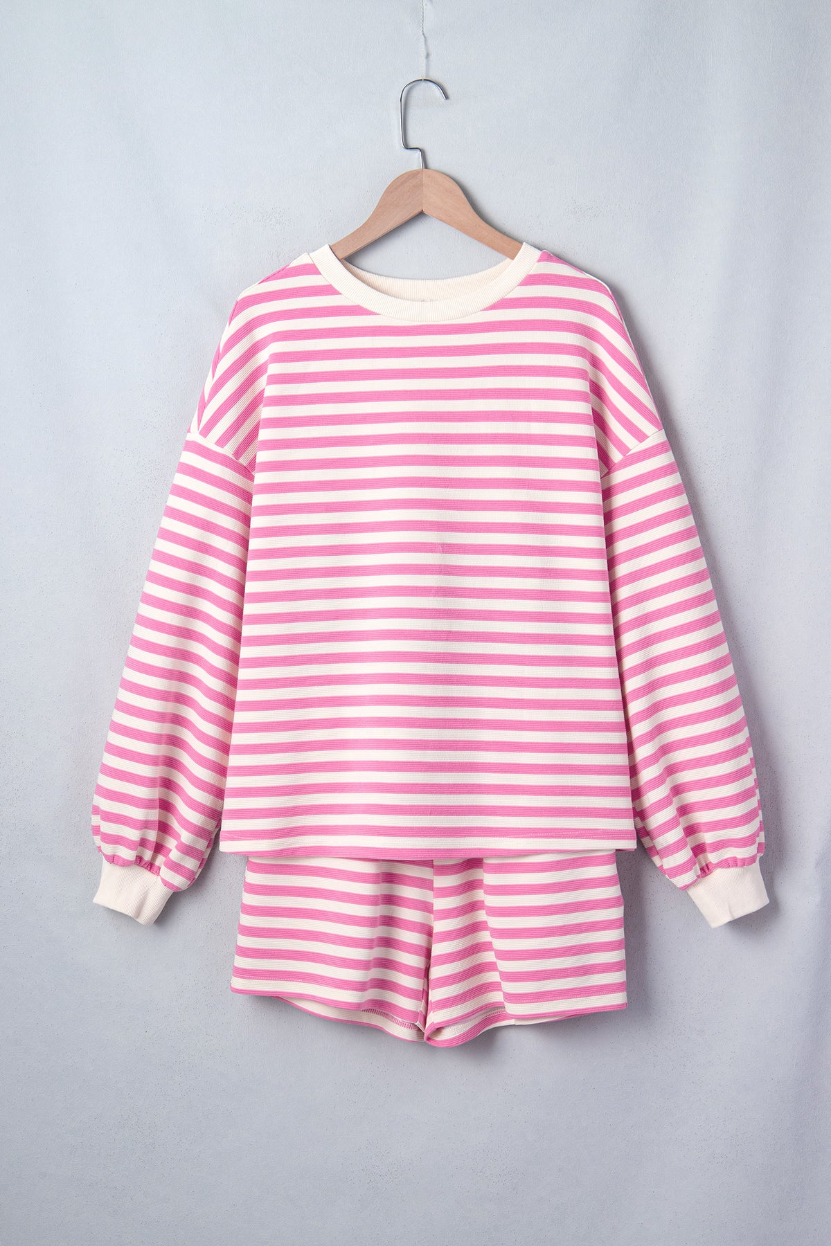 Women's Pink Striped Long-Sleeve Crewneck Drawstring Waist Shorts Set
