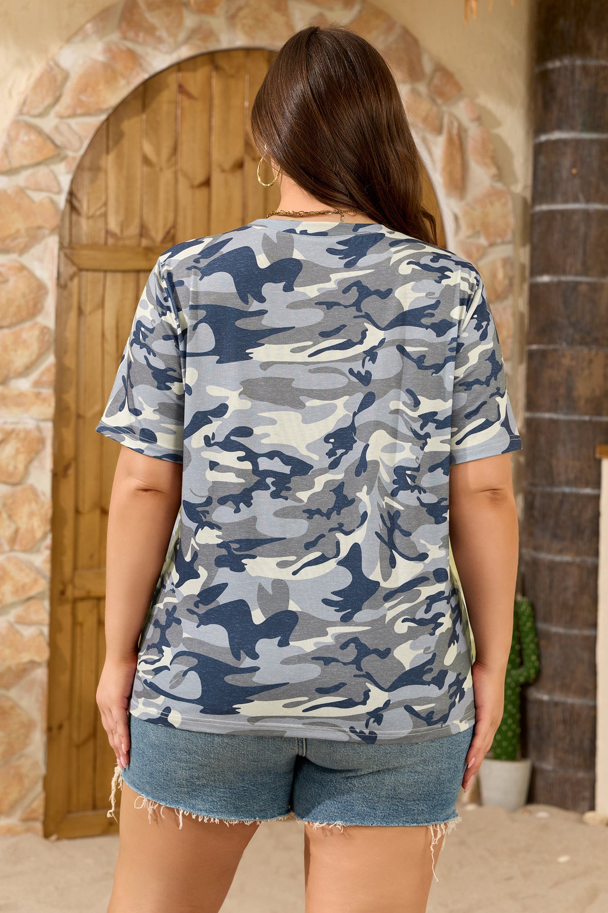 Green Plus Size Camo Print Crew Neck Short-Sleeve Tee