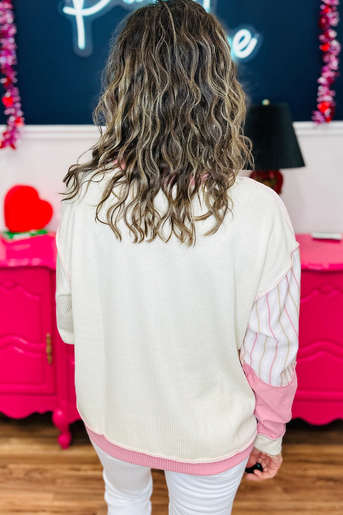Pink Color-Block Plaid Panel Long-Sleeve Plus Size Blouse