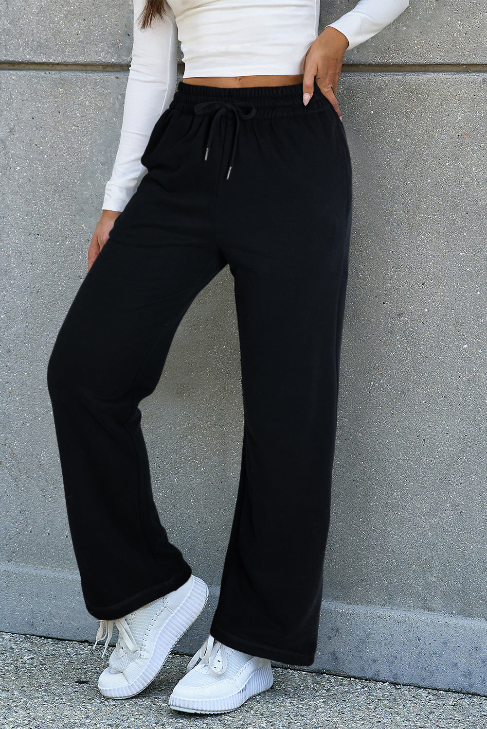Light Grey Solid Fleece Lined Drawstring Waist Casual Pants