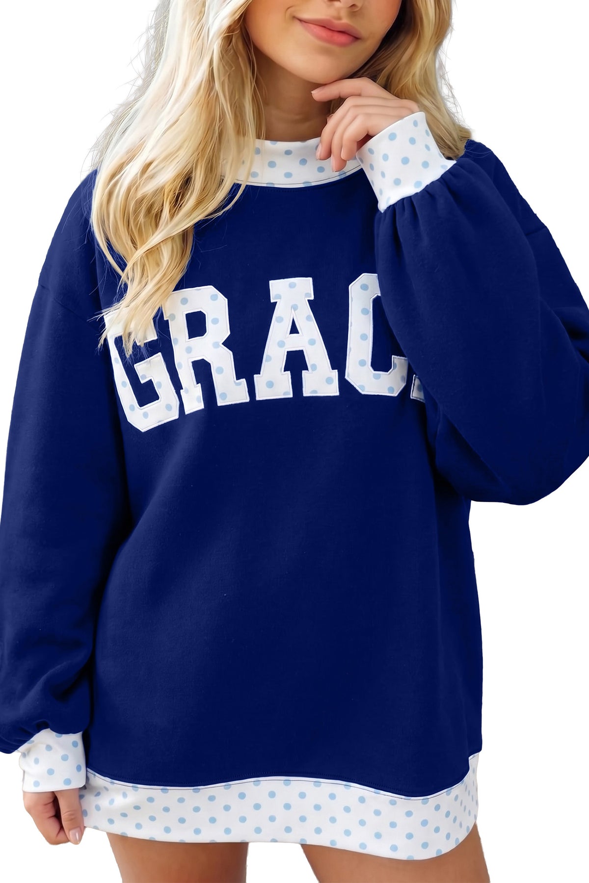 Dirty blue Polka Dot Trim High Neck GRACE Sweatshirt