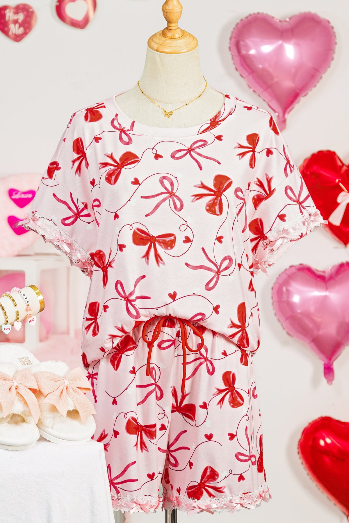 Red Romantic Bow Print Loose Tee Drawstring Shorts Lounge Set
