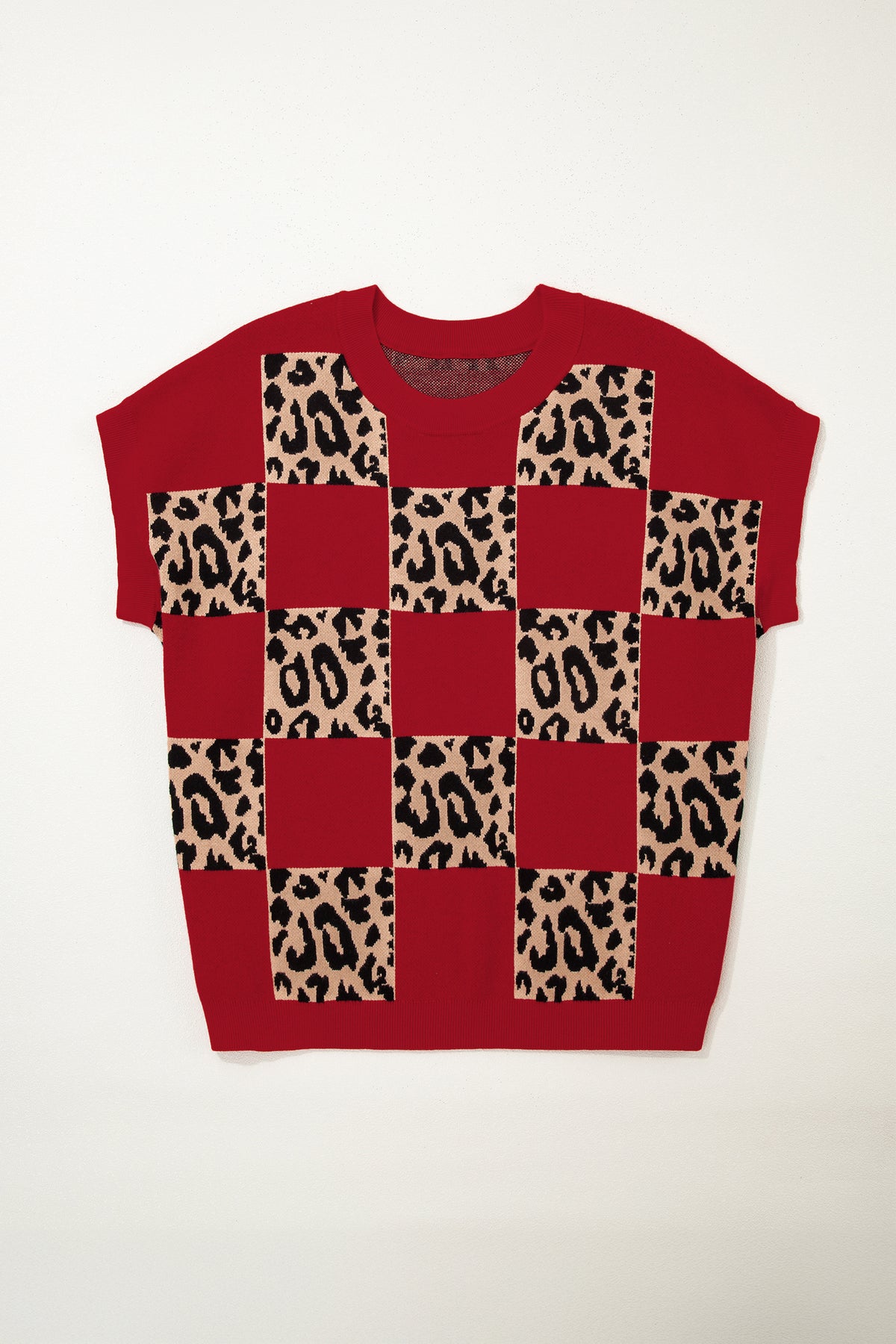Red Plus Size Leopard Contrasted Checkered Short-Sleeve Sweater