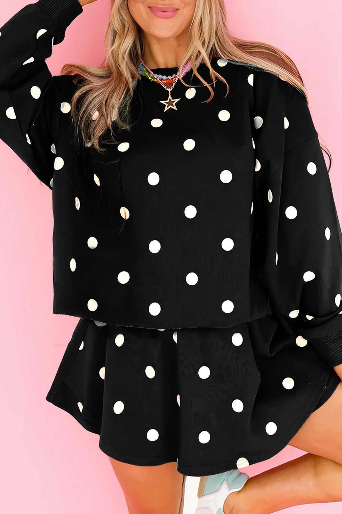 Women's Red Polka Dot Raw Hem Relaxed Pullover Loose Skort Two-Piece Set