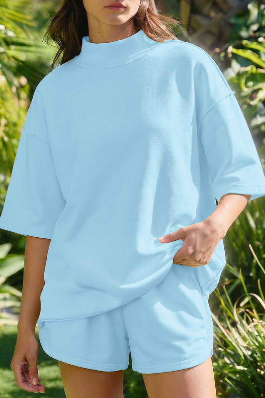 Mist Blue Solid Color Exposed Seam Mock Neck Oversize Tee Shorts Set