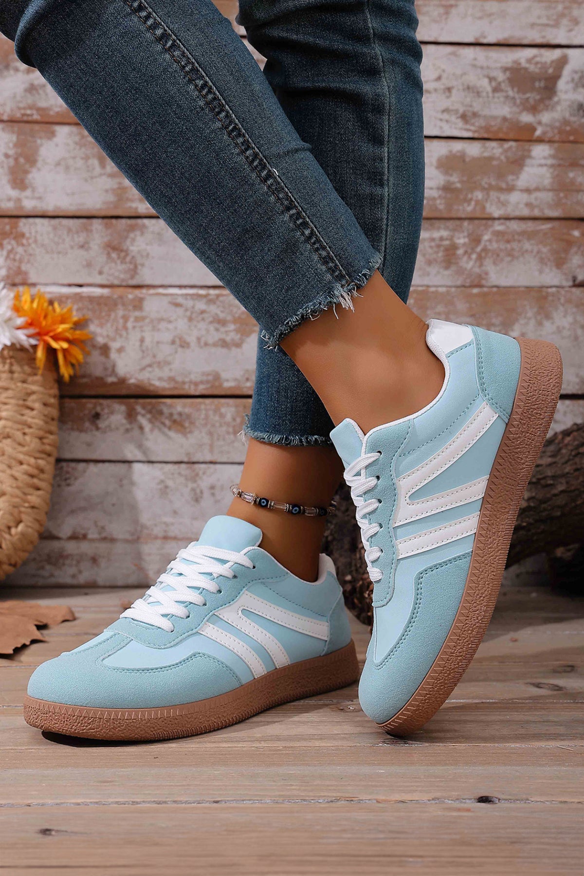 Dusk Blue Faux Suede PU Leather Color Block Patchwork Lace-up Sneakers