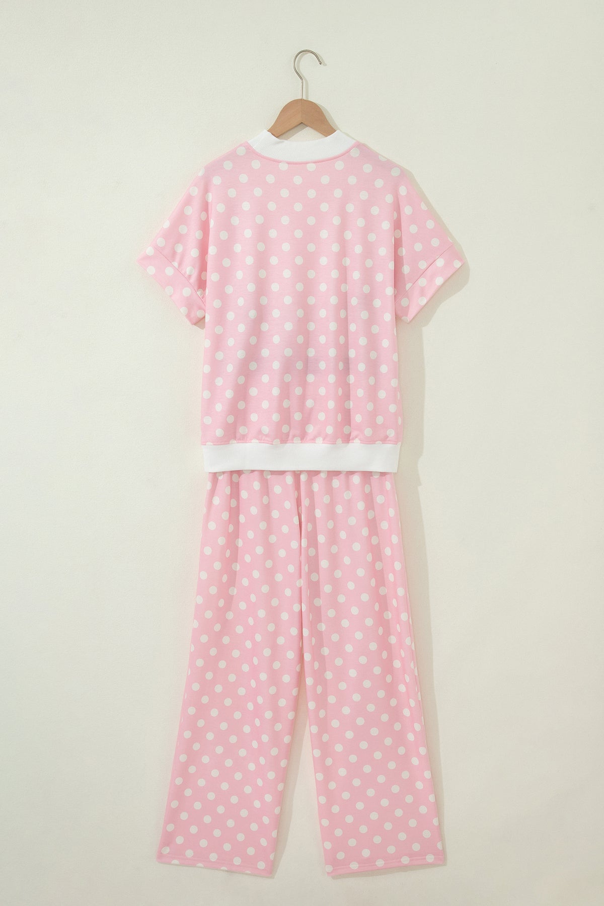Women's Pink Polka Dot Print Mock Neck Short-Sleeve Top Shift Pants Two-Piece Set