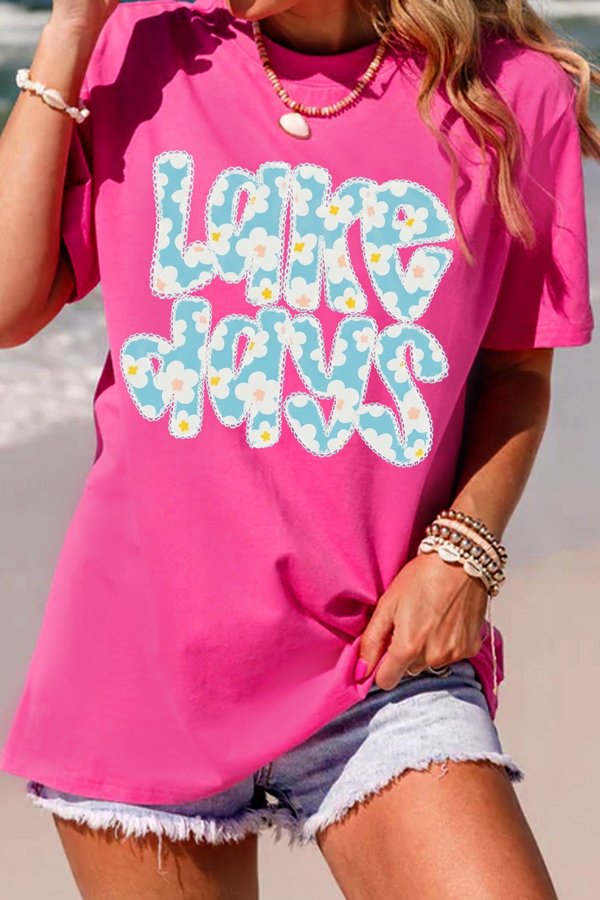 Rose Red LAKE DAYS Floral Lettering T-Shirt