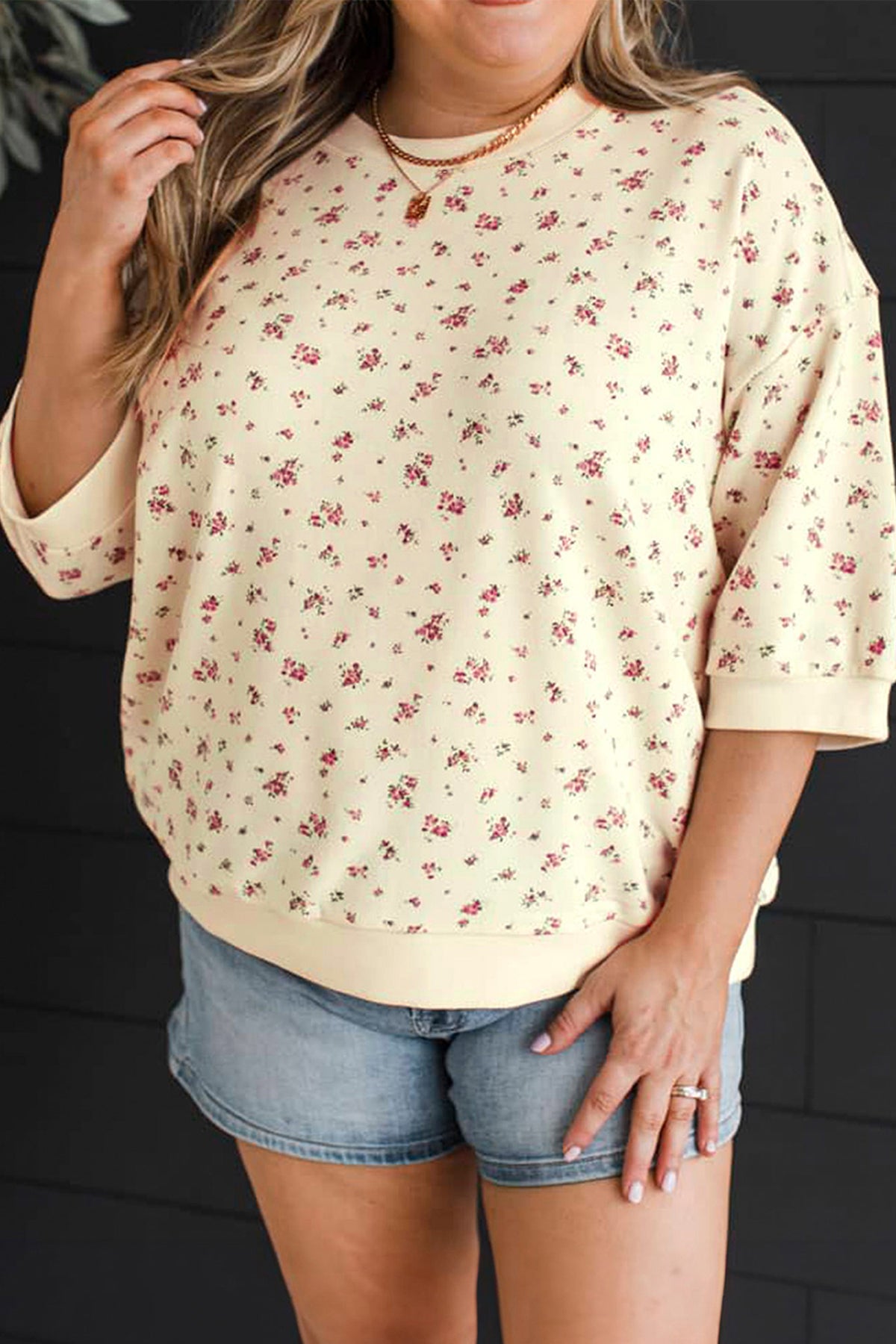 Beige Floral Print Color-Block Cuffs Hem Plus Size Blouse