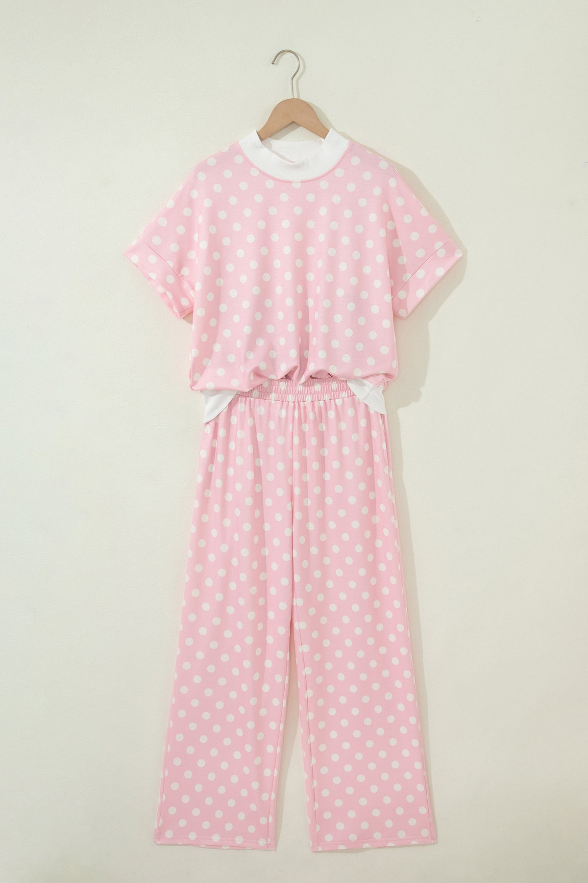 Women's Pink Polka Dot Print Mock Neck Short-Sleeve Top Shift Pants Two-Piece Set