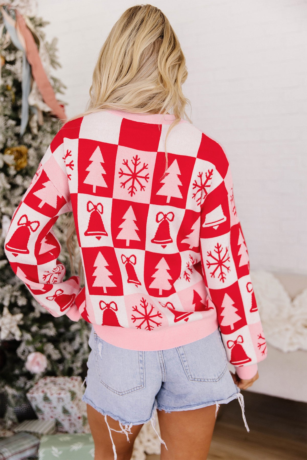 Pink Christmas Plaid Pullover Round Neck Long Sleeve Fit Tunic Knitwear Sweater