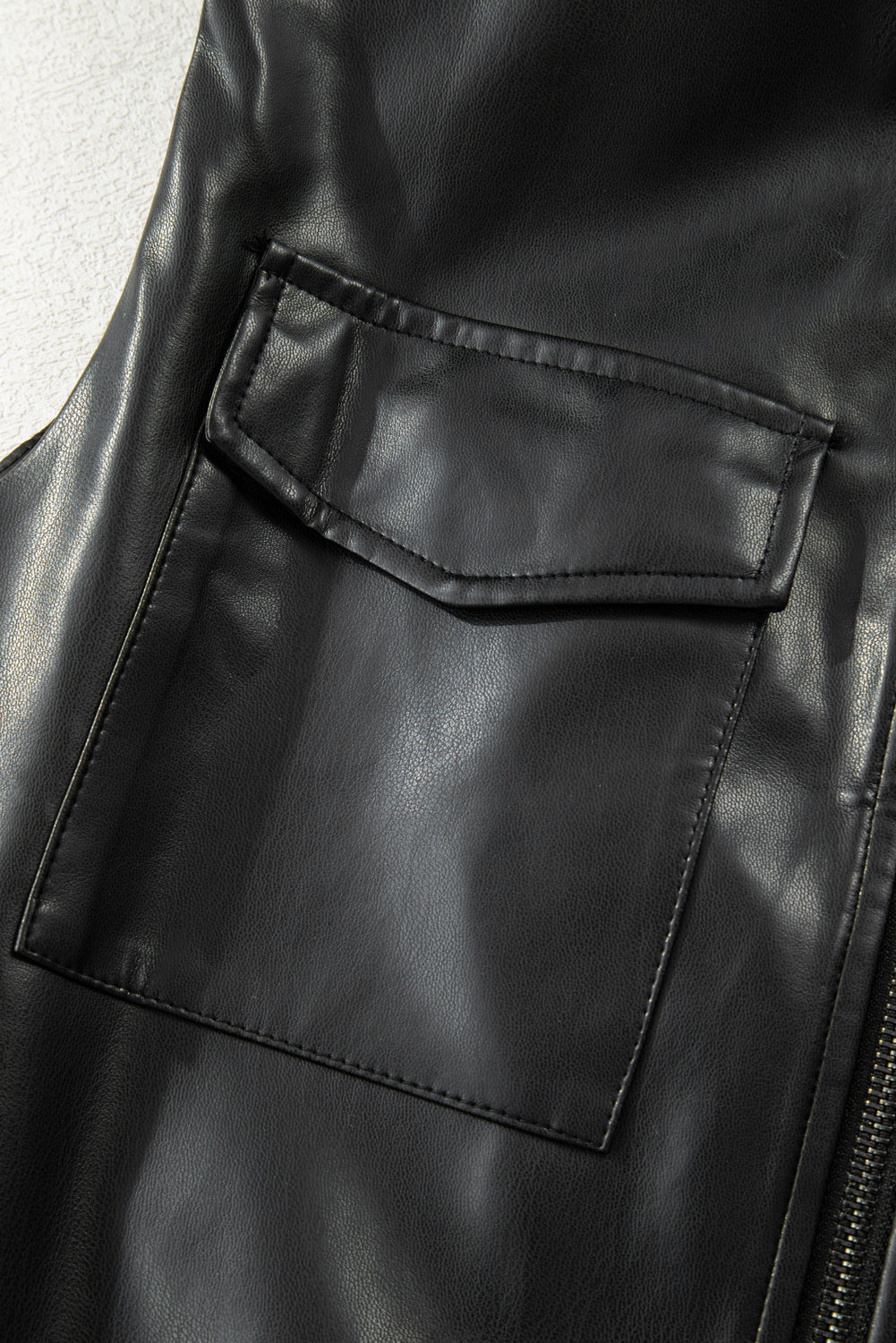 Black Double Flap Pocket Faux Leather Zip Up Stand Neck Vest