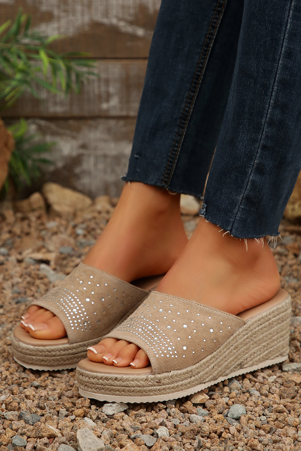 Beige Rhinestone Decor Suede Slip-On Wedge Sandals
