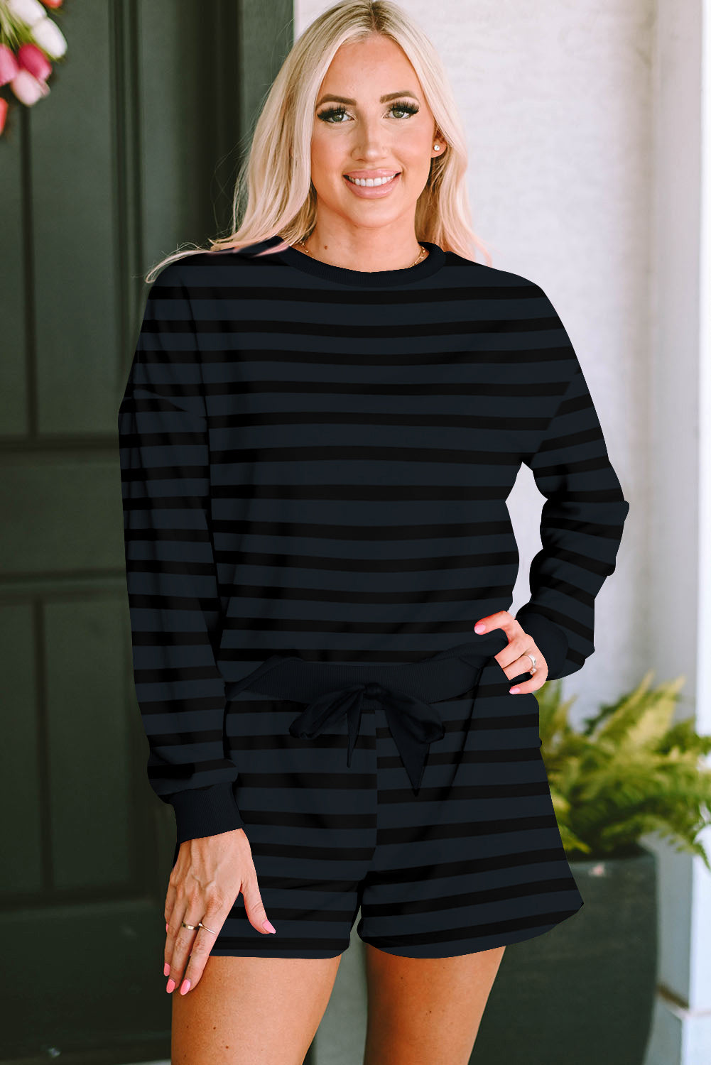 Gray Stripe Long Sleeve Top and Satin Tie Shorts Lounge Set
