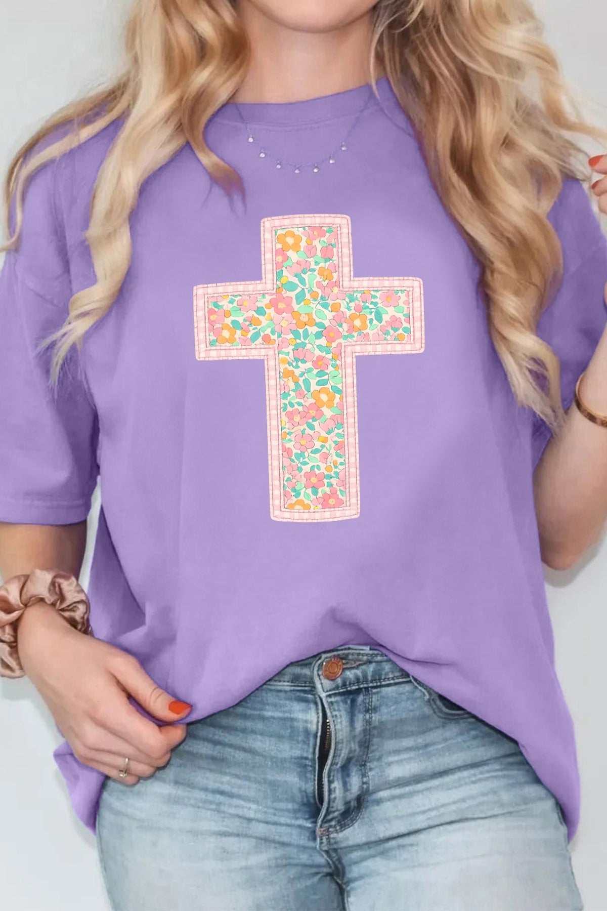 Wisteria Easter Floral Cross Christian Casual Tee