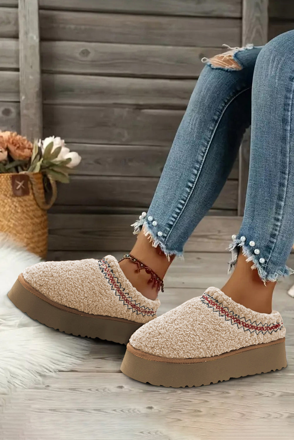 Oatmeal Soft Plush Embroidered Flat Platform Slippers