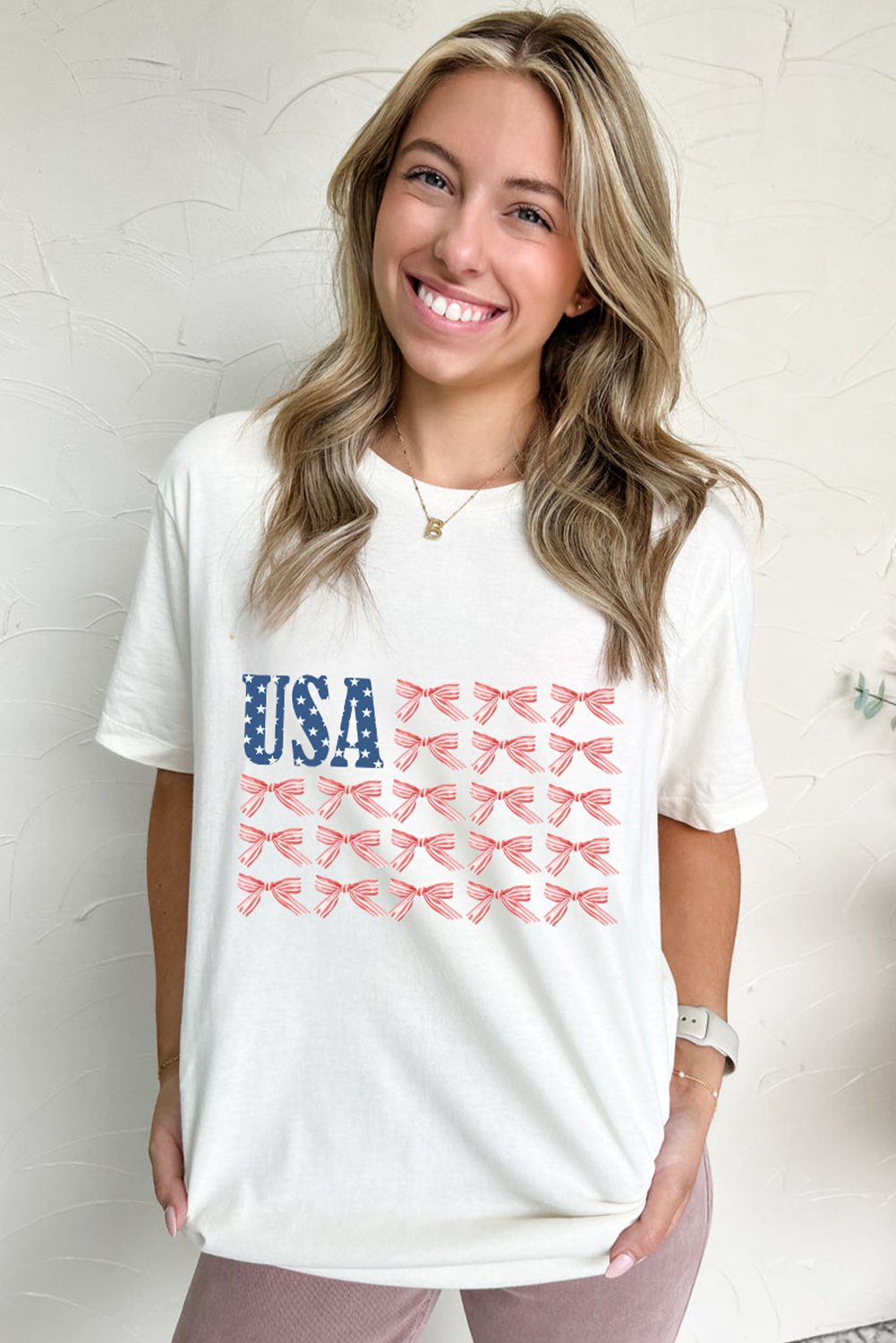 White USA Flag Bow Knot Print Round Neck T-Shirt